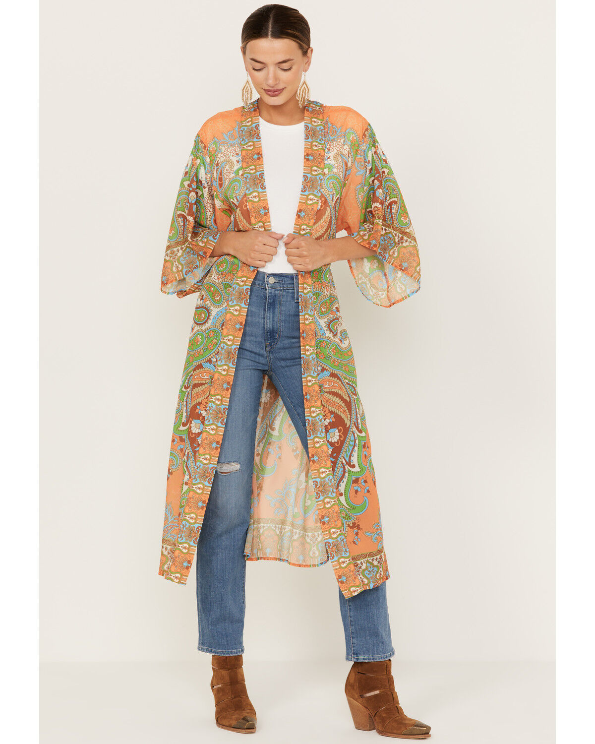 Image #1 - Flying Tomato Women's Paisley Print Kimono, Orange, hi-res