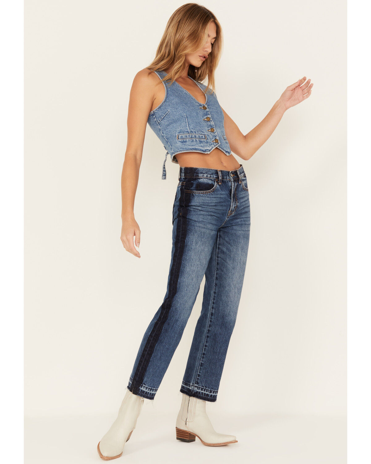 Image #1 - Ceros Women's Medium Wash High Rise Dark Wash Side Seam Straight Jeans, Blue, hi-res