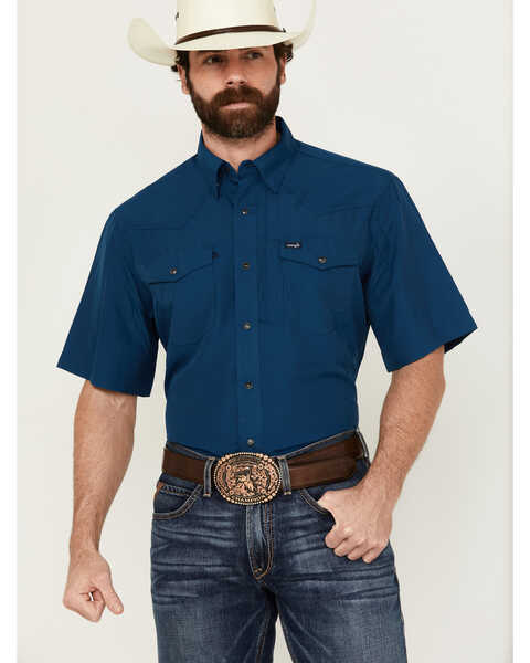 Image #1 - Wrangler Men's Solid Long Sleeve Snap Performance Western Shirt - Tall , Navy, hi-res