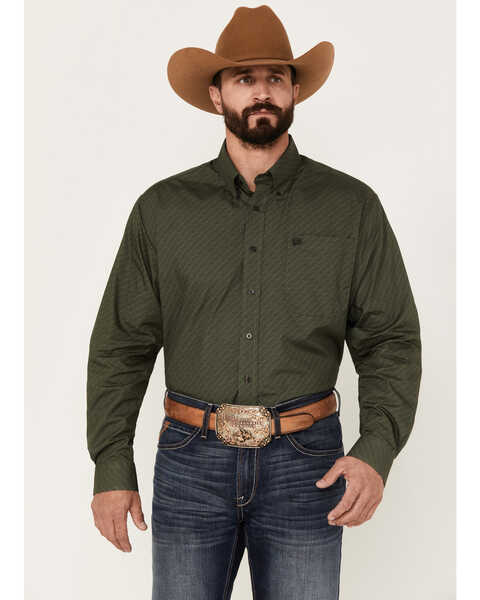 Cinch Men's Print Long Sleeve Button Down Western Shirt, Olive, hi-res