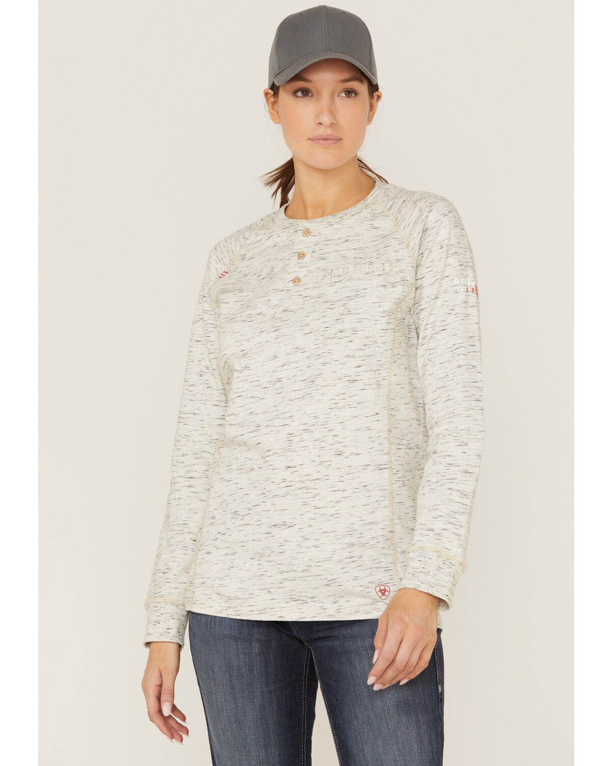 Ariat Women's FR Air Henley Long Sleeve Work Pocket Shirt, Heather Grey, hi-res
