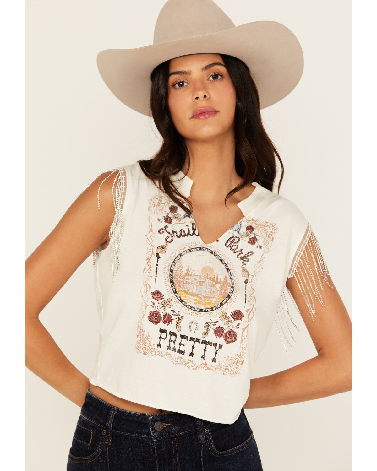 Image #1 - Idyllwind Women's Trailer Park Pretty Rhinestone Fringe Sleeveless Shirt, Ivory, hi-res