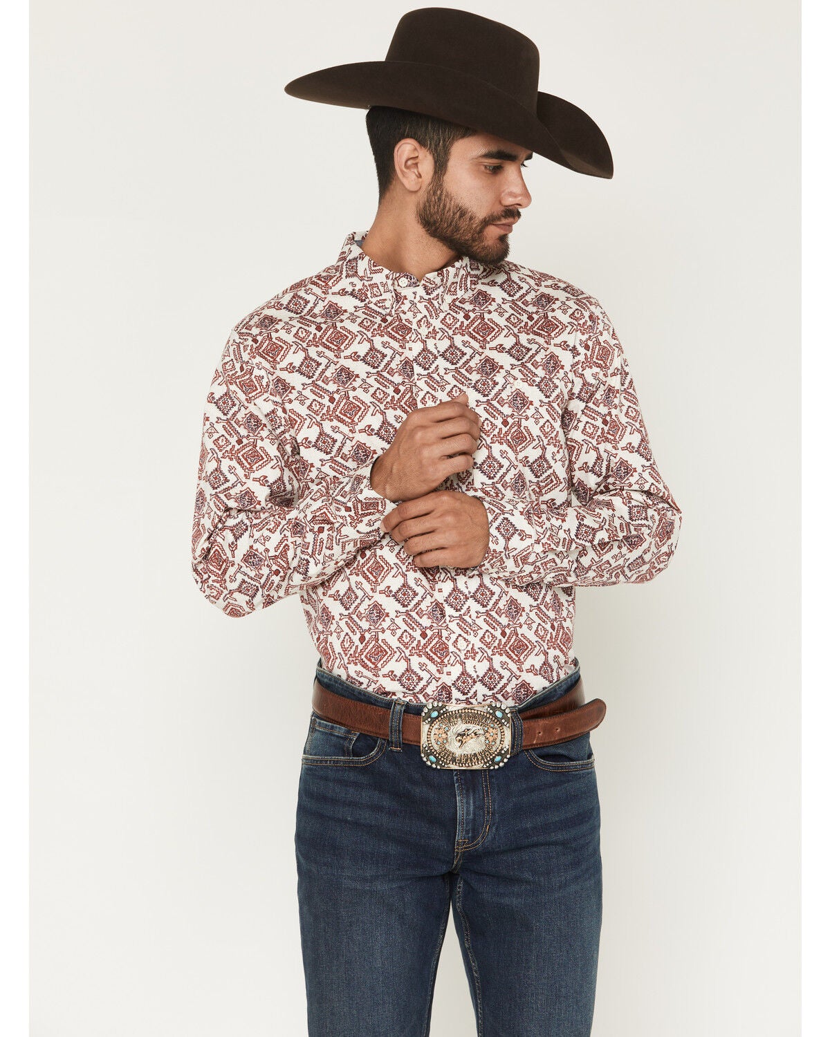 Product Name: RANK 45® Men's Sketchy Southwestern Print Long Sleeve Button-Down Stretch Western Shirt