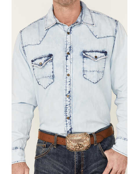 RRR Distinctly American Men's Vintage Light Denim Long Sleeve Snap Western Shirt , Light Blue, hi-res