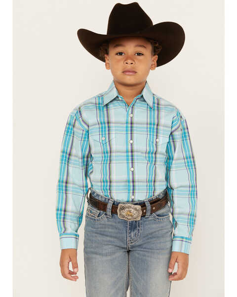 Panhandle Boys' Plaid Print Long Sleeve Pearl Snap Western Shirt, Turquoise, hi-res