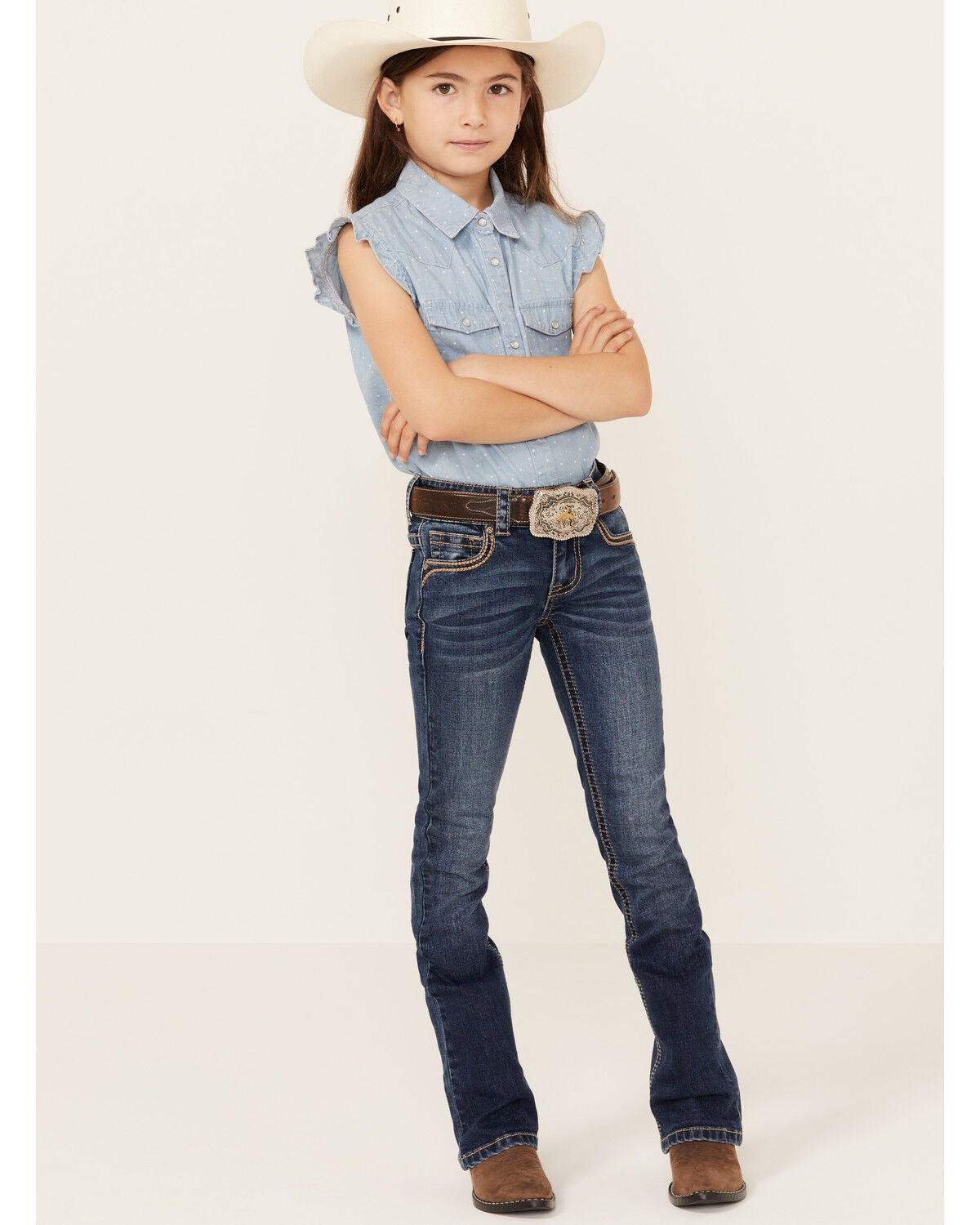 Shyanne Little Girls' Dark Wash Arrow Bootcut Stretch Denim Jeans, Blue, hi-res