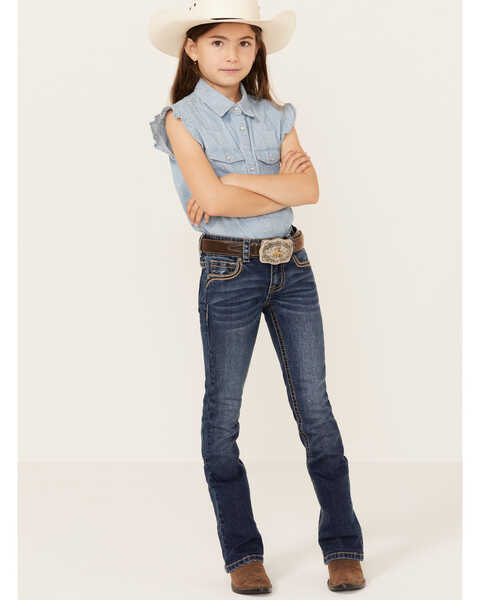 Shyanne Little Girls' Dark Wash Arrow Embroidered Stretch Bootcut Jeans , Blue, hi-res