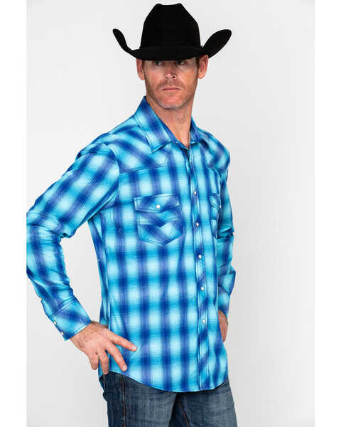 Image #3 - Rock & Roll Denim Men's Crinkle Washed Yarn Dye Plaid Long Sleeve Western Shirt , Blue, hi-res