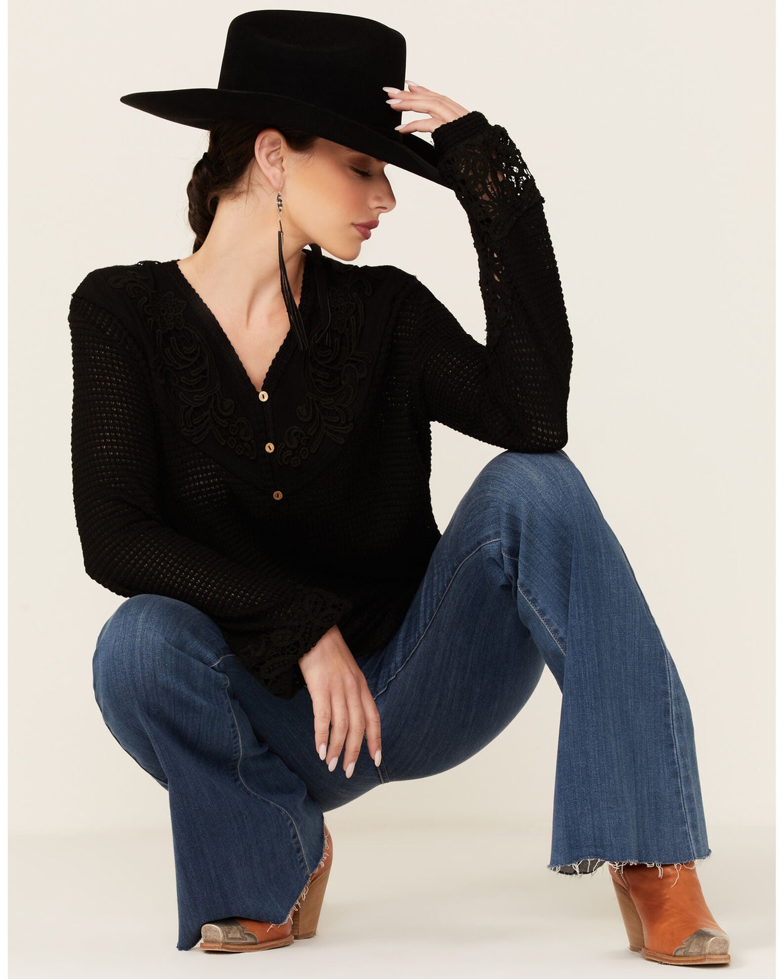 Miss Me Women's Crochet Yoke Bell Sleeve Top Sheplers