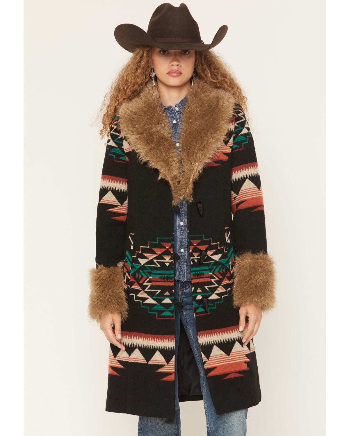 Image #1 - Panhandle Slim Women's Southwestern Border Print Coat, Black, hi-res