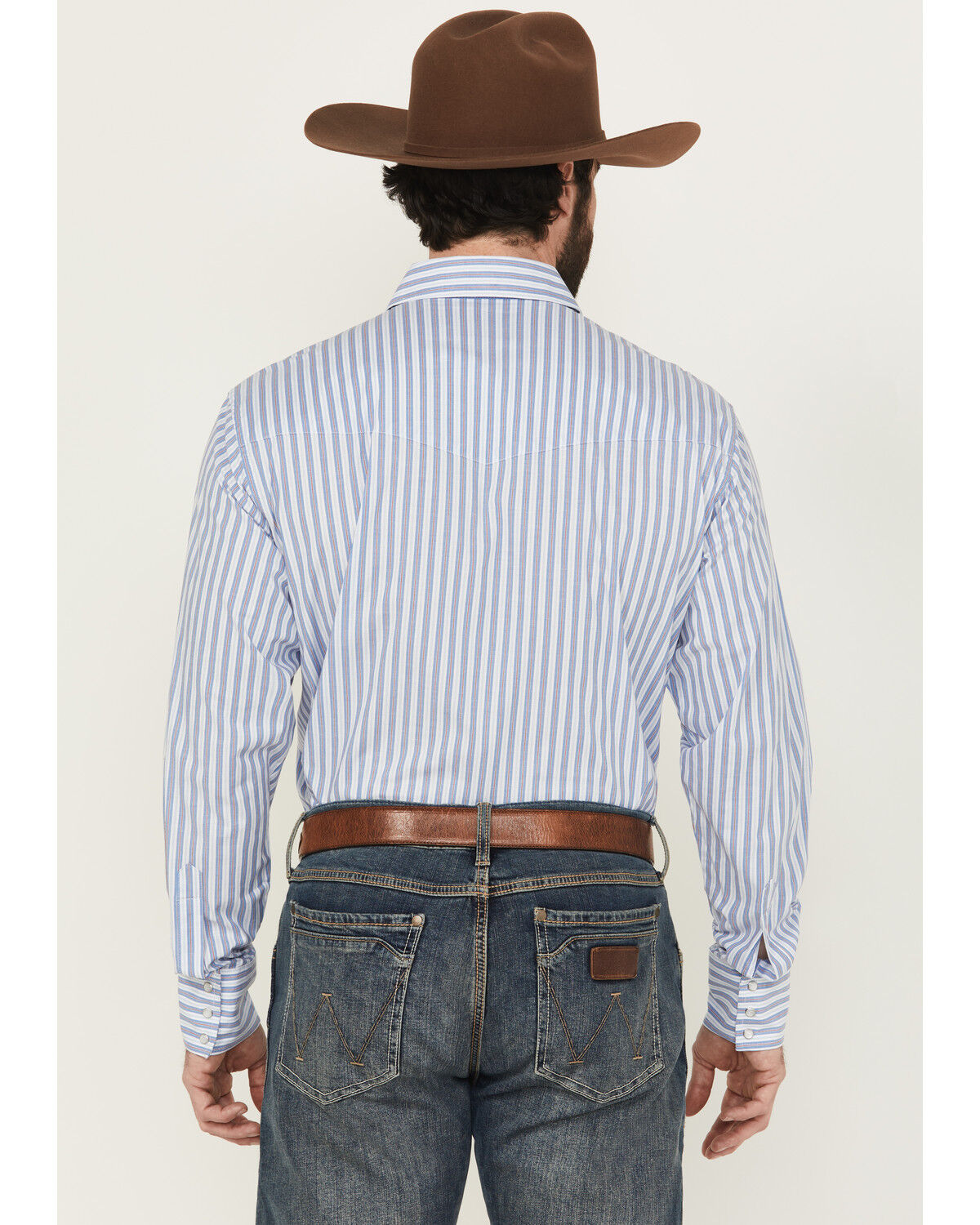 Image #4 - Wrangler Men's Striped Print Long Sleeve Snap Stretch Western Print, Blue, hi-res