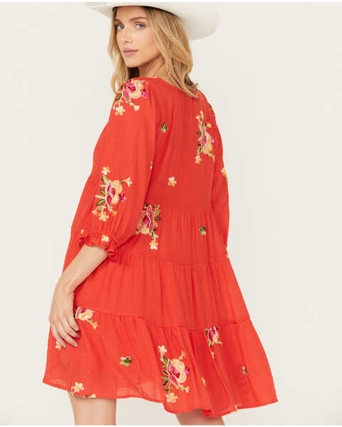 Image #4 - Olive Hill Women's Floral Embroidered Tiered Dress, Red, hi-res