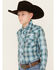 Image #2 - Wrangler Boys' Plaid Print Logo Long Sleeve Snap Western Shirt, Blue, hi-res