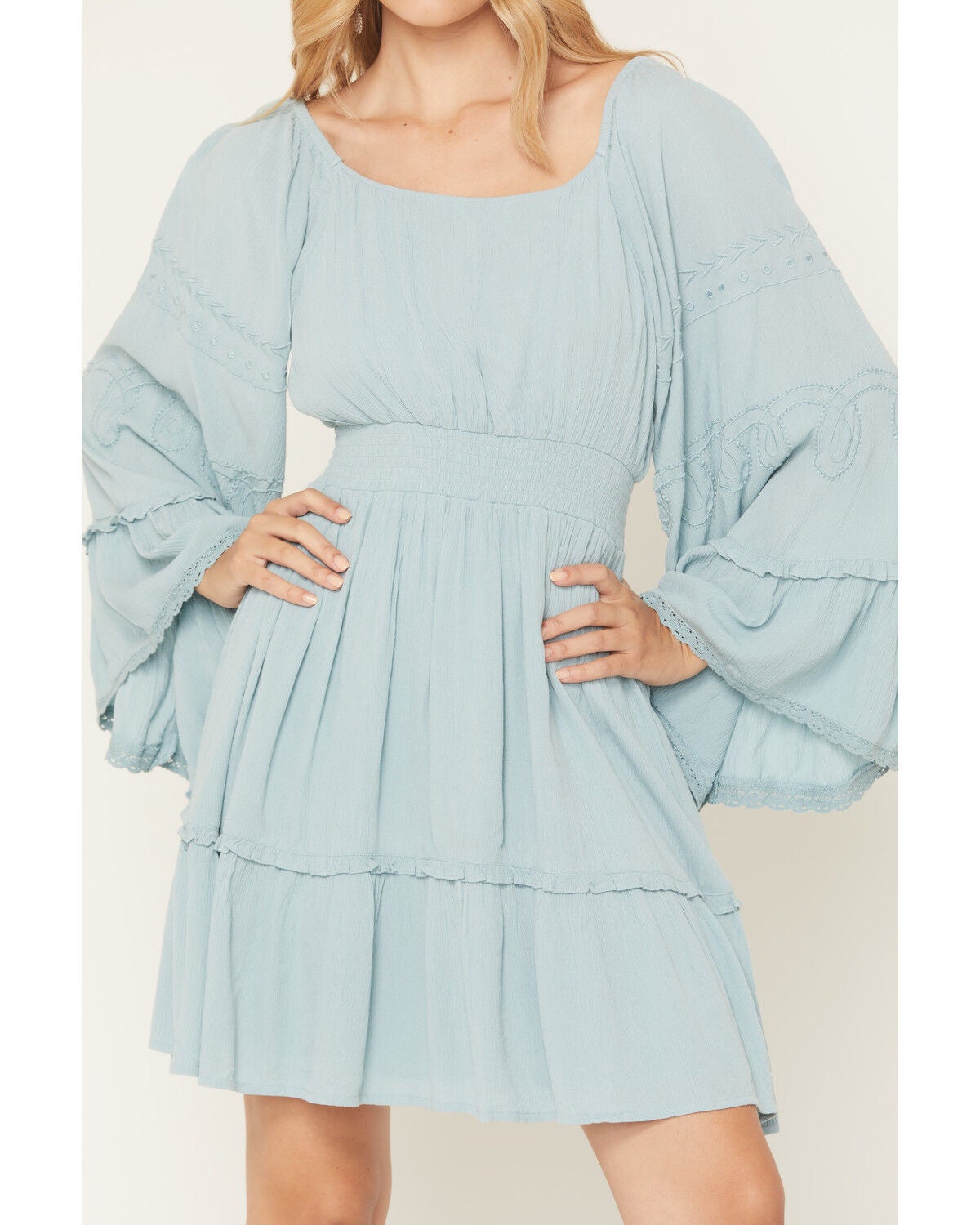 Image #3 - Shyanne Women's Highlands Embroidered Long Bell Sleeve Mini Dress, Aqua, hi-res