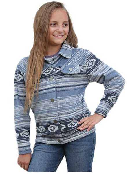 Image #1 - Cruel Girl Girls' Southwestern Stripe Trucker Snap Jacket, Blue, hi-res