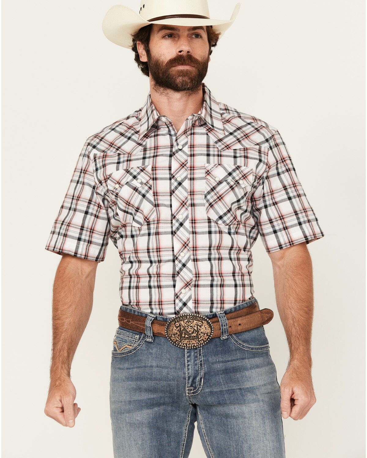 Image #1 - Wrangler Retro Men's Plaid Print Short Sleeve Snap Western Shirt, White, hi-res