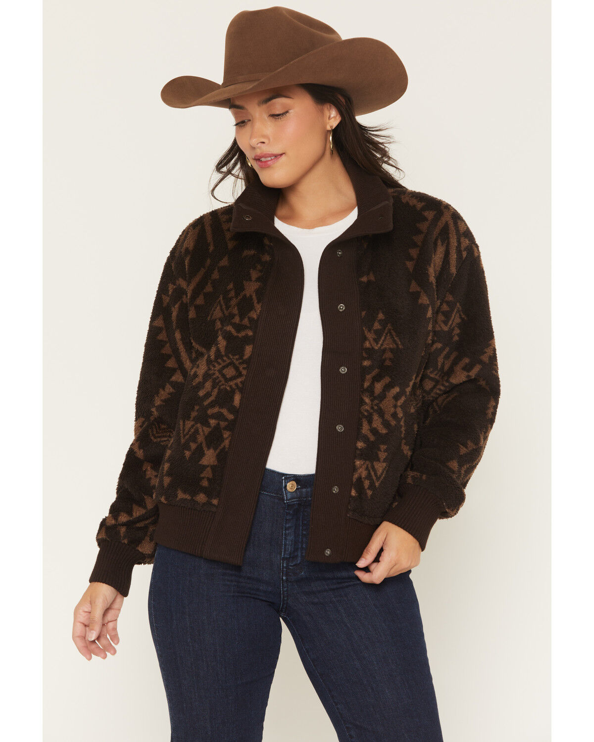 Image #1 - Hooey Women's Southwestern Print Sherpa Lined Snap Sweater, Brown, hi-res