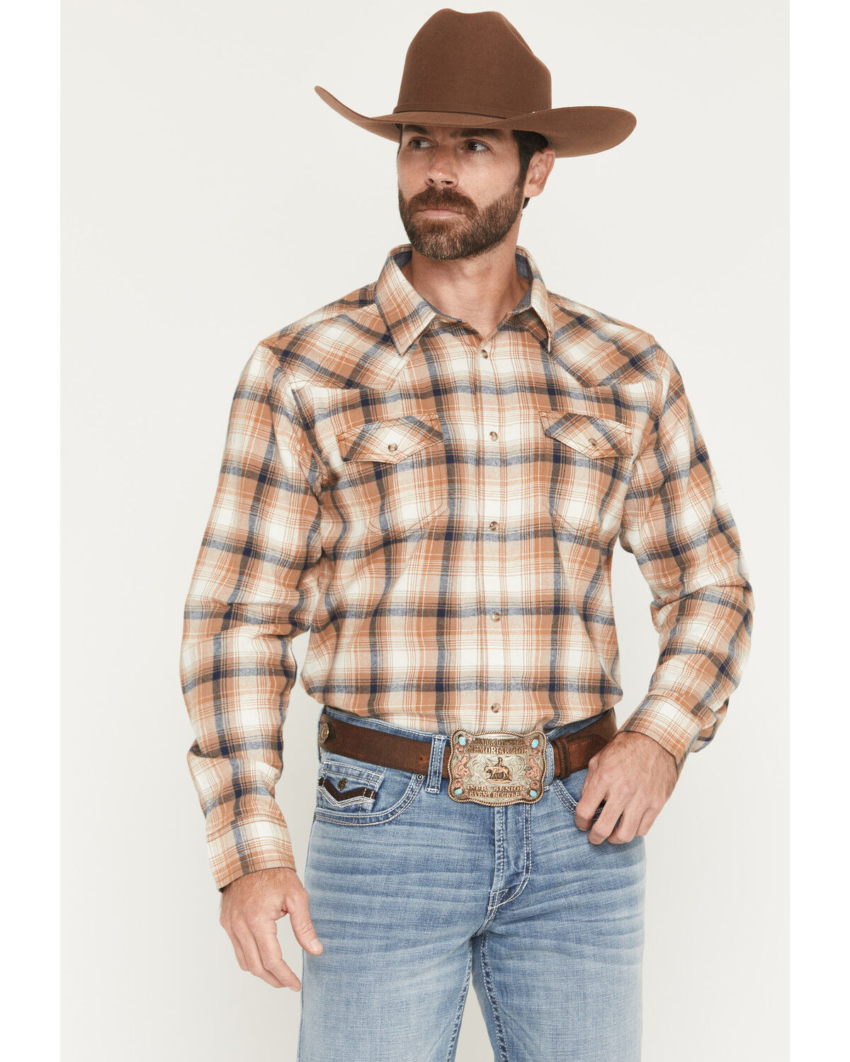Image #1 - Cody James Men's Bravo Plaid Print Long Sleeve Snap Flannel Shirt - Big, Tan, hi-res