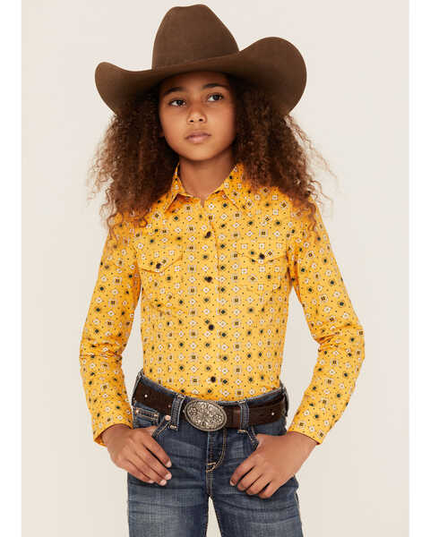 Cruel Girl Girls' Geo Print Long Sleeve Western Snap Shirt , Gold, hi-res