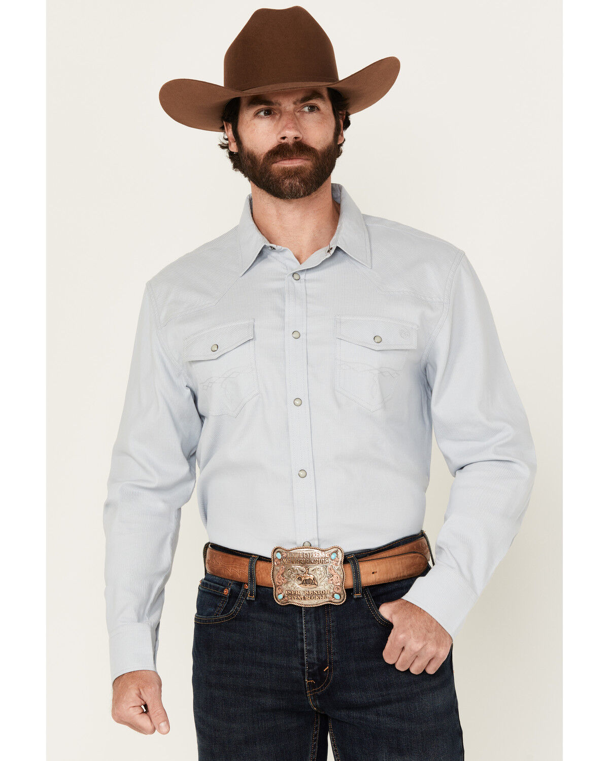 Image #1 - Blue Ranchwear Men's Alcova Solid Long Sleeve Snap Western Shirt, Light Blue, hi-res