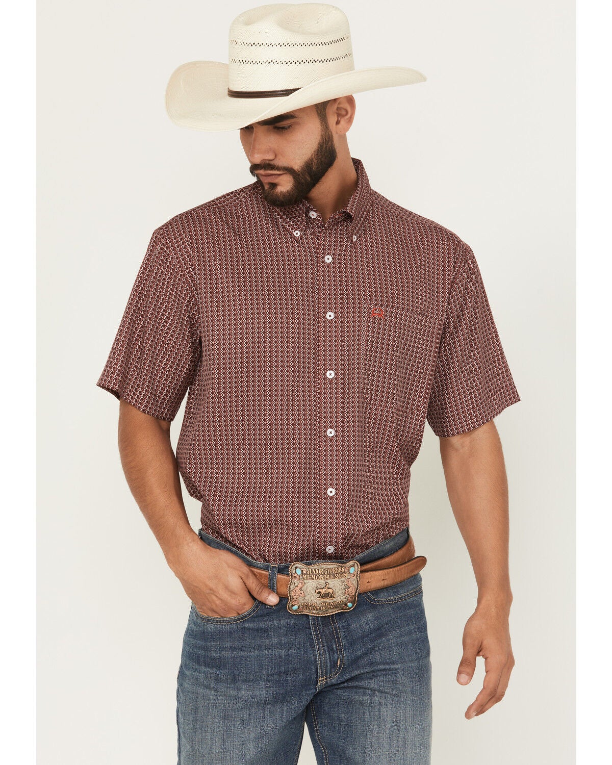 Cinch Men's Geo Print Short Sleeve Button-Down Performance Stretch Western Shirt, Burgundy, hi-res