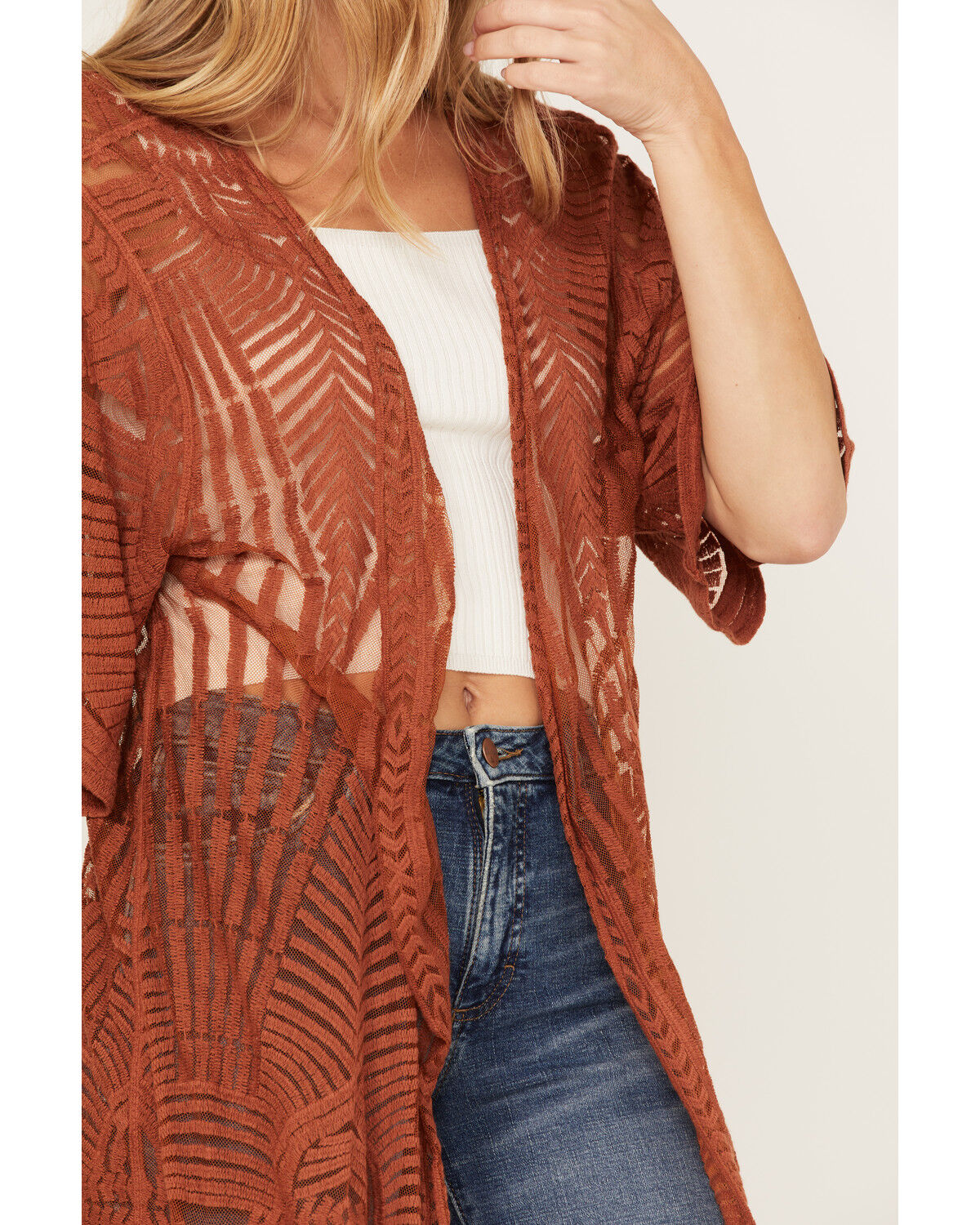 Image #3 - Shyanne Women's Geo Lace Short Sleeve Kimono, Chestnut, hi-res