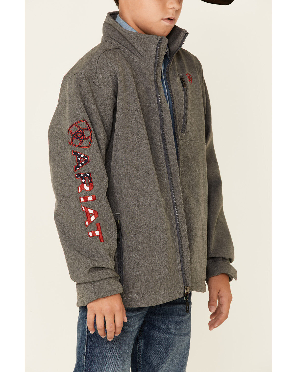 Image #3 - Ariat Boys' Americana Logo 2.0 Zip-Front Softshell Jacket, Charcoal, hi-res