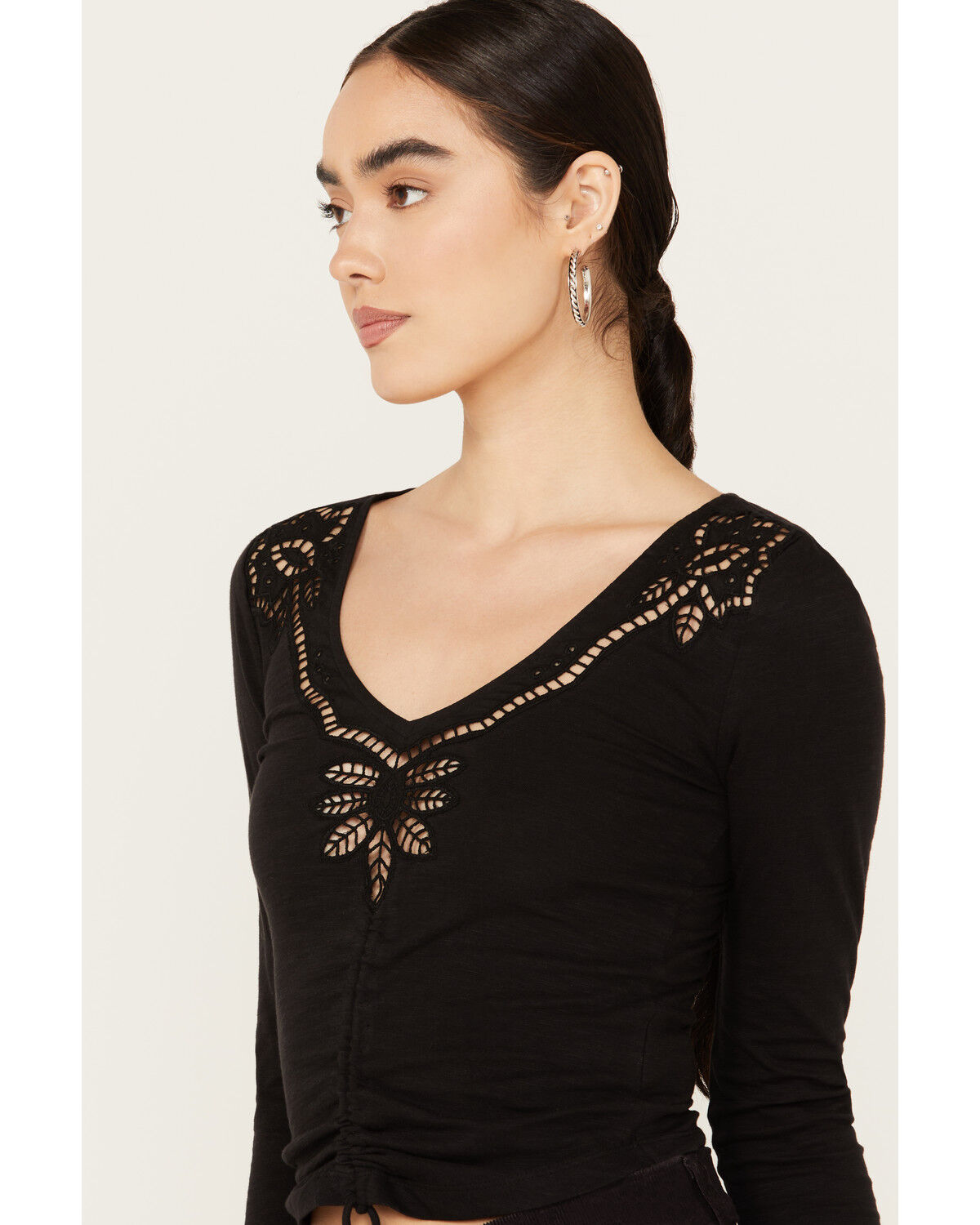 Image #2 - Shyanne Women's Long Sleeve Cutwork Front Tie Top, Black, hi-res