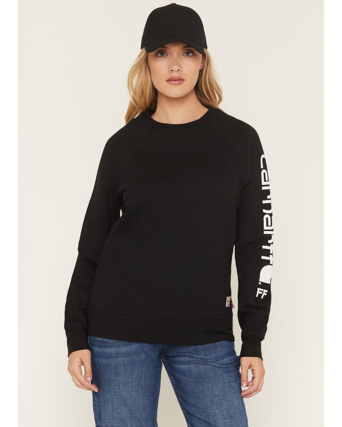 Image #1 - Carhartt Women's FR Force&reg; Relaxed Fit Midweight Logo Sleeve Graphic Sweatshirt, Black, hi-res