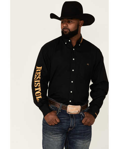 Resistol Men's Black & Gold Logo Embroidered Long Sleeve Button-Down Western Shirt , Black, hi-res