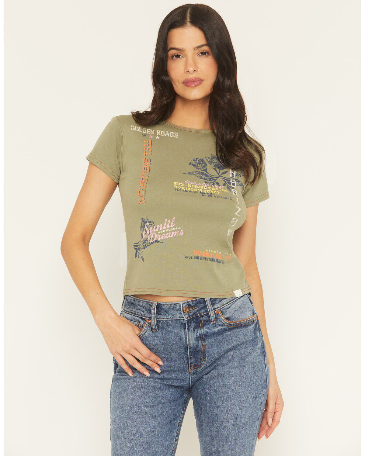 Image #1 - Cleo + Wolf Women's Solid Short Sleeve Graphic Baby Tee, Moss Green, hi-res