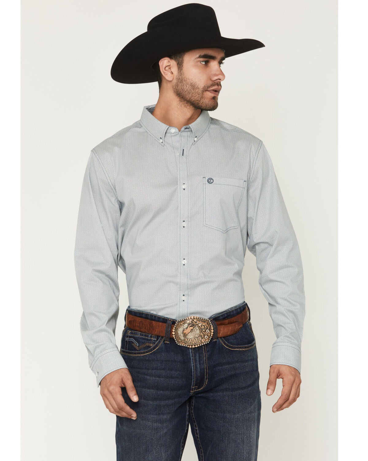 Image #1 - Cody James Men's Day Job Geo Print Long Sleeve Button-Down Stretch Western Shirt - Tall, Blue, hi-res