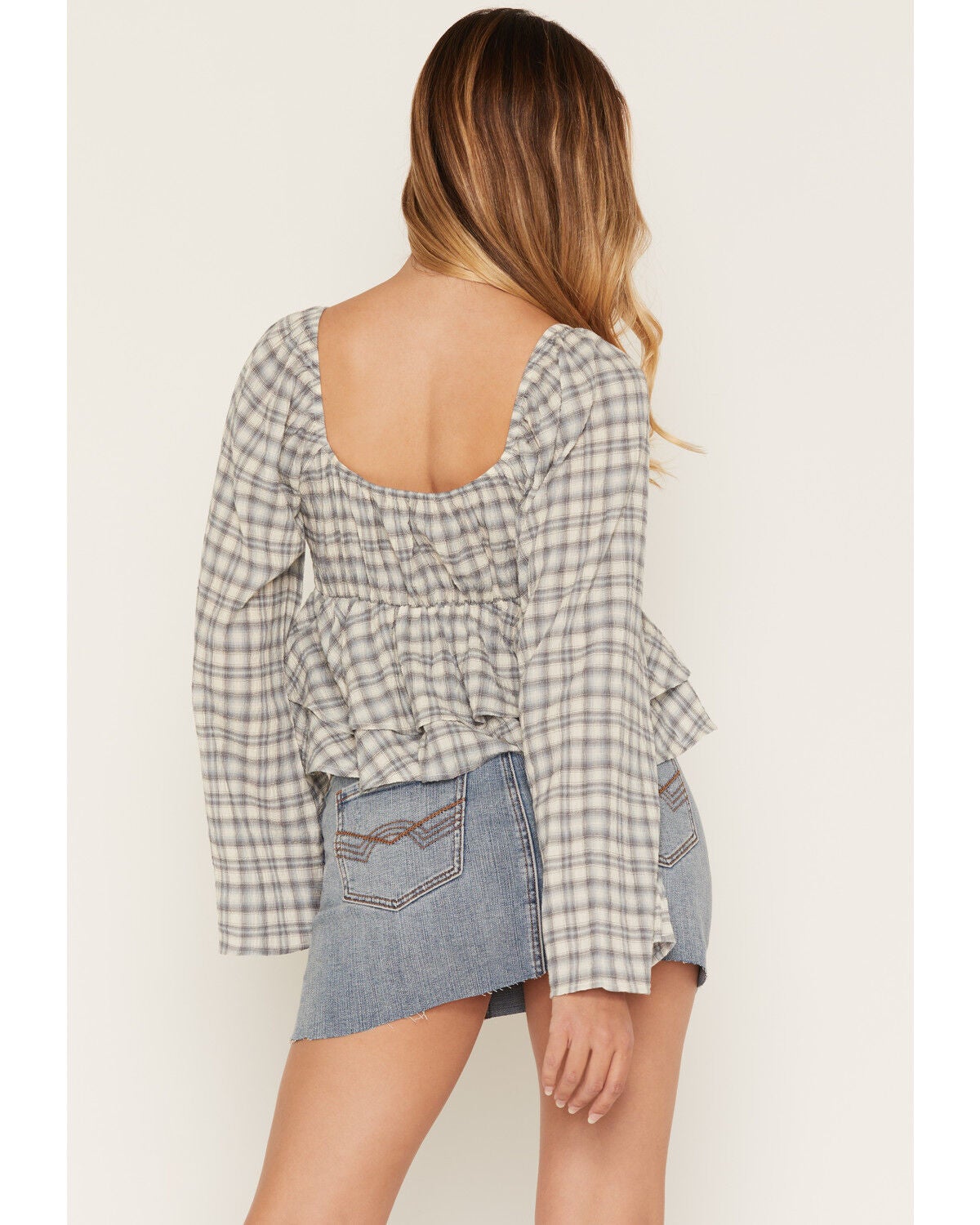 Image #4 - Cleo + Wolf Women's Plaid Print Long Sleeve Peplum Top, Blue, hi-res
