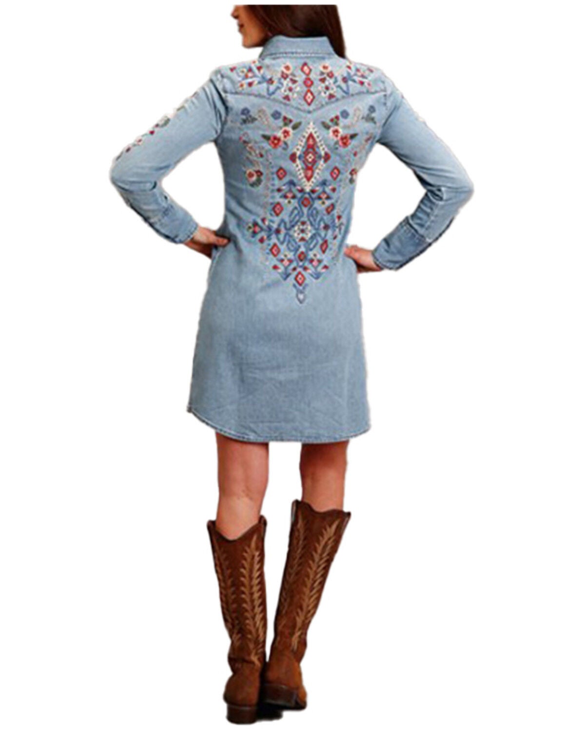 Stetson Women's Medium Wash Denim Embroidered Long Sleeve Shirt Dress, Medium Wash, hi-res