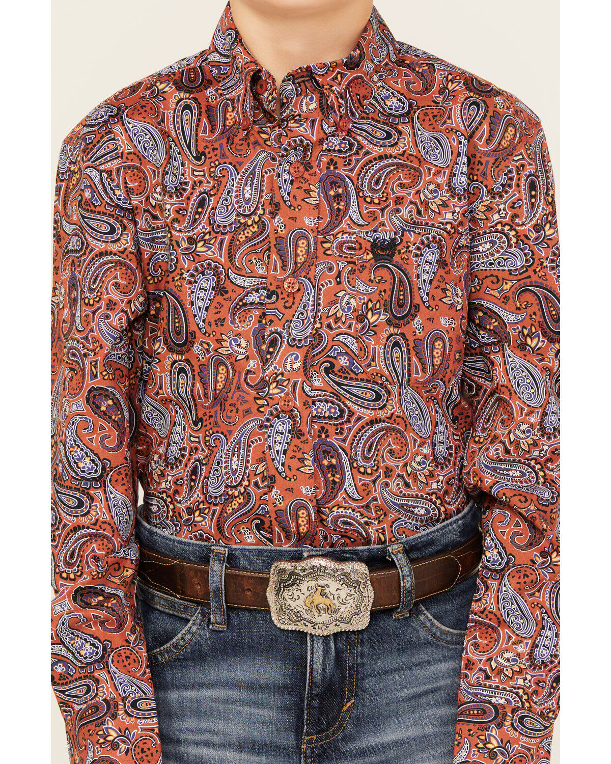 Image #3 - Cinch Boys' Paisley Print Long Sleeve Button-Down Western Shirt, Orange, hi-res