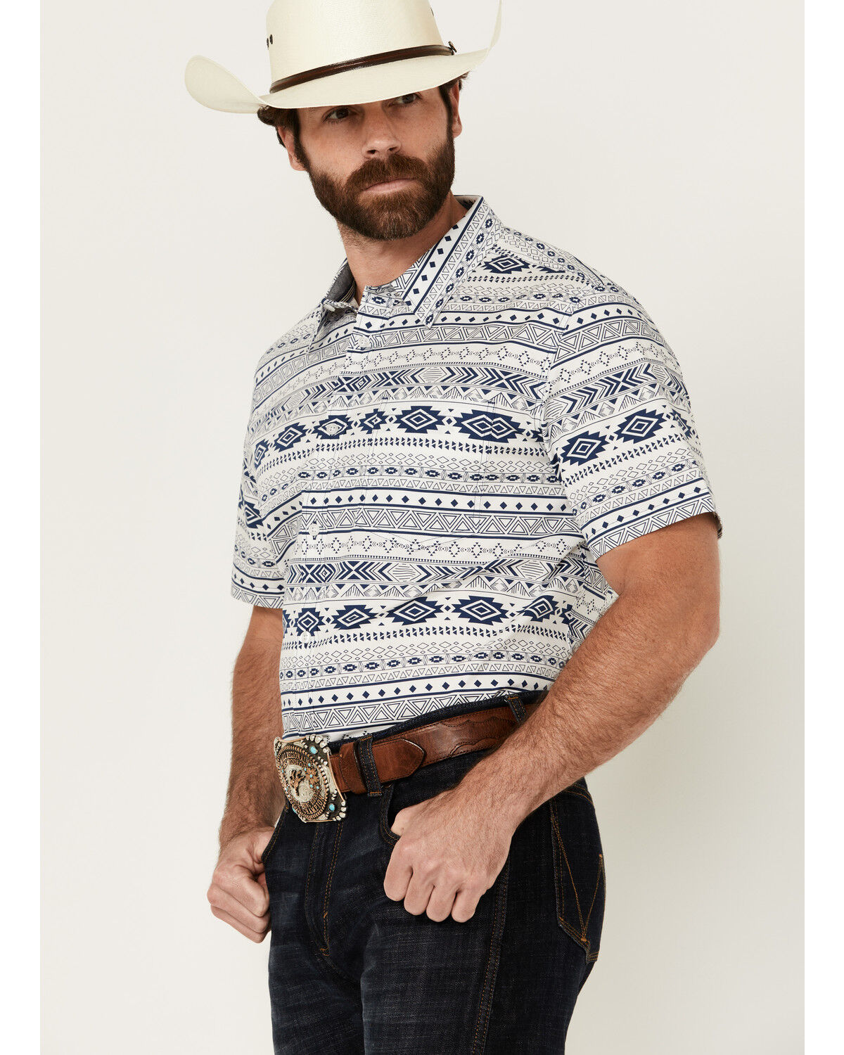Image #2 - Cody James Men's Apache Trail Southwestern Striped Short Sleeve Button-Down Stretch Western Shirt, Navy, hi-res