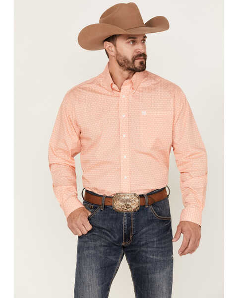 Cinch Men's Geo Print Coral Long Sleeve Button Down Western Shirt, Coral, hi-res