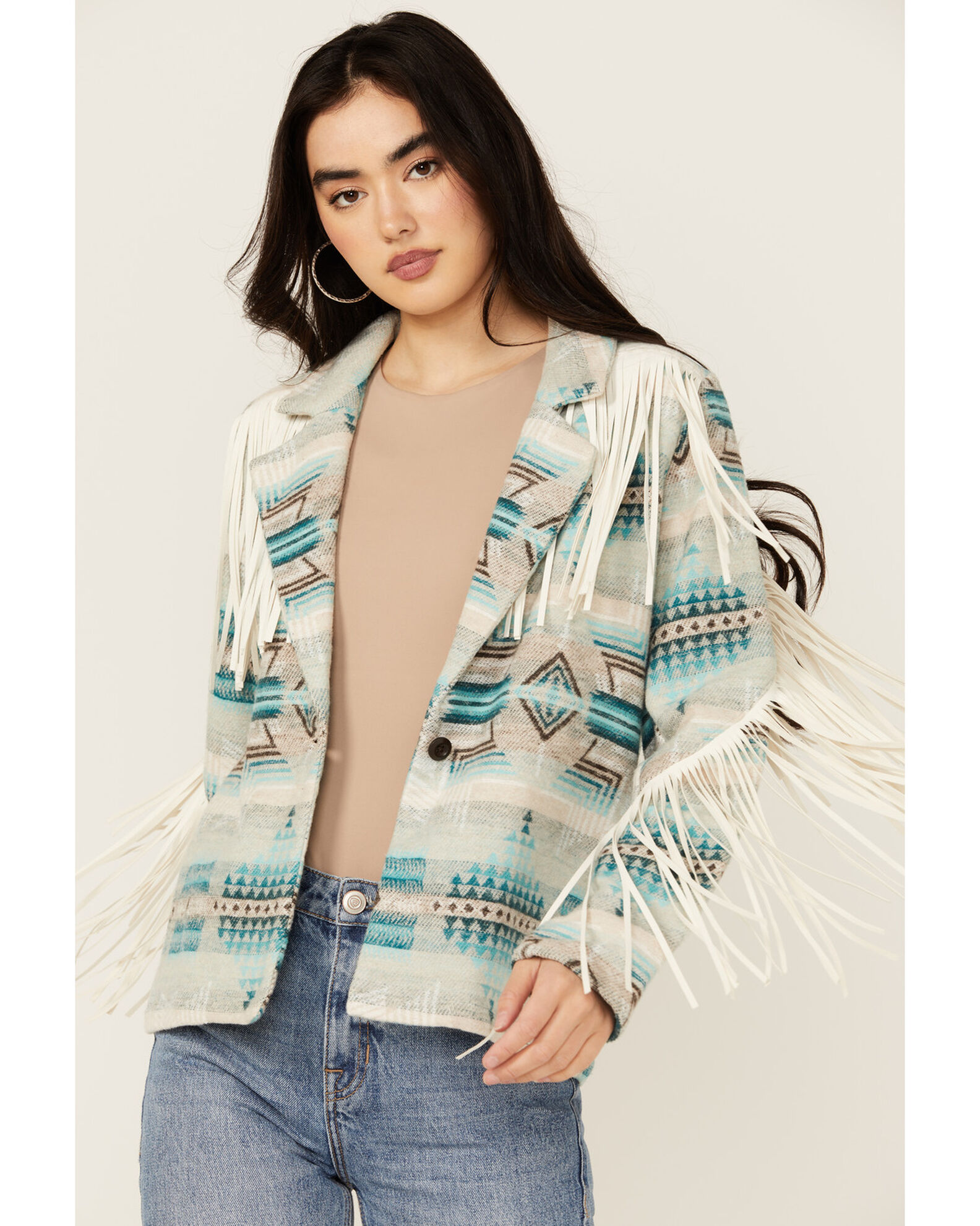 Product Name Rock Roll Denim Women s Southwestern Print Fringe Jacket