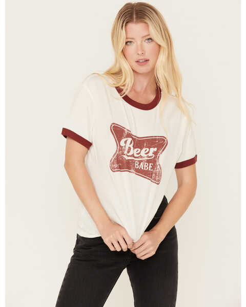 Image #1 - White Crow Women's Beer Babe Graphic Short Sleeve Ringer Tee, White, hi-res