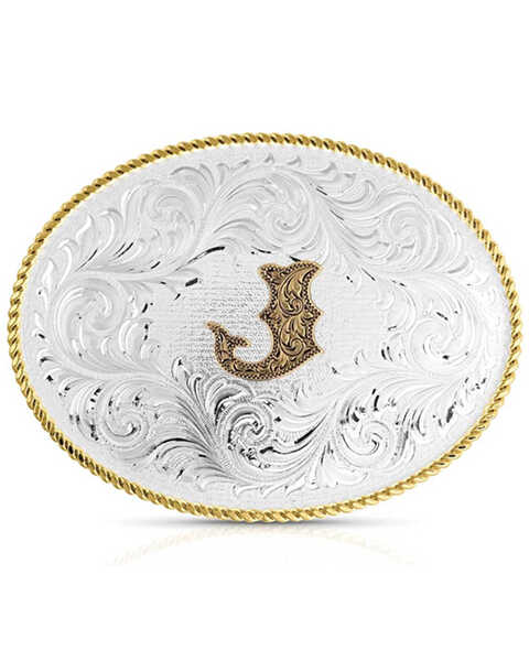Image #1 - Montana Silversmiths Classic Western Oval Two-Tone Initial Belt Buckle - J, Silver, hi-res