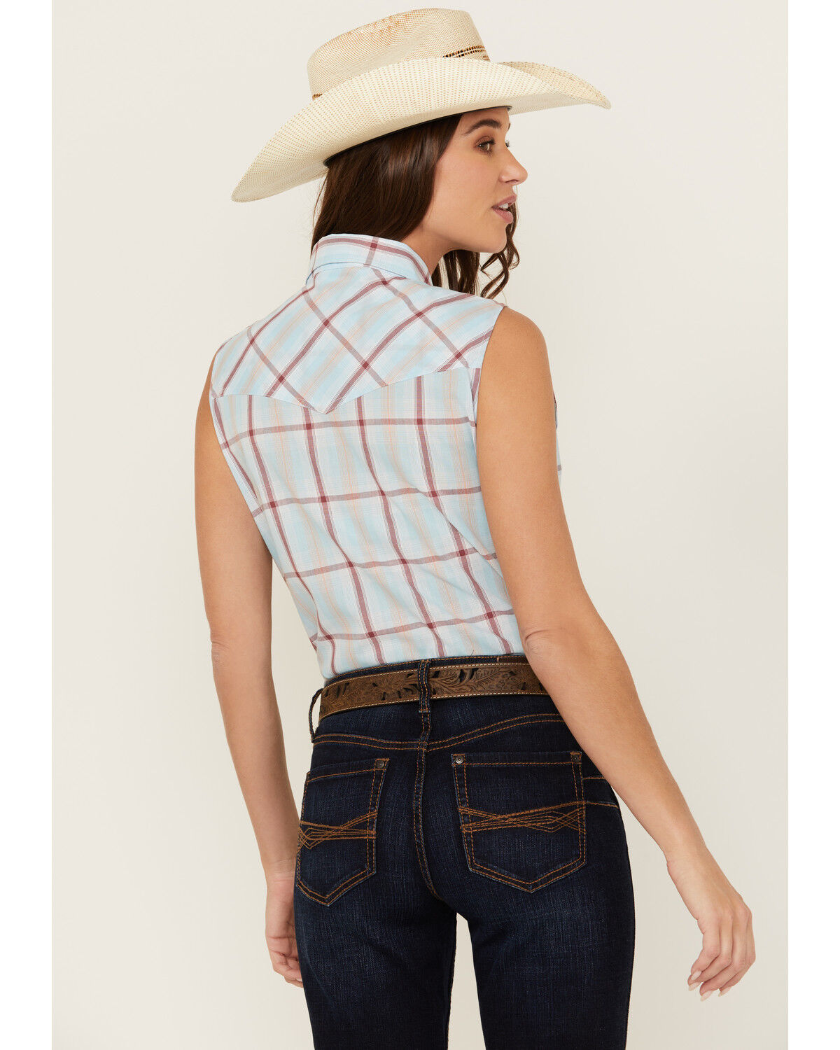 Image #4 - Ely Walker Women's Plaid Print Sleeveless Pearl Snap Western Shirt, Aqua, hi-res