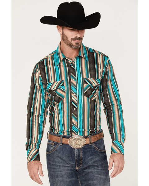 Rock & Roll Denim Men's Southwestern Stretch Long Sleeve Snap Shirt, Chocolate, hi-res