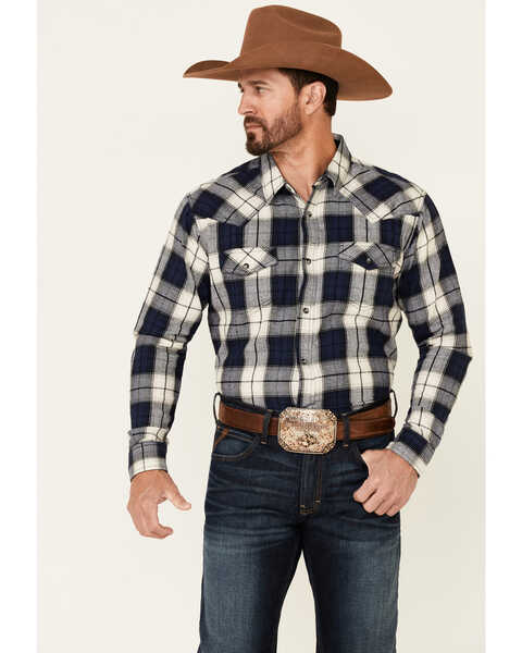 Cody James Men's Sawmill Buffalo Check Plaid Long Sleeve Snap Western Flannel Shirt , Navy, hi-res