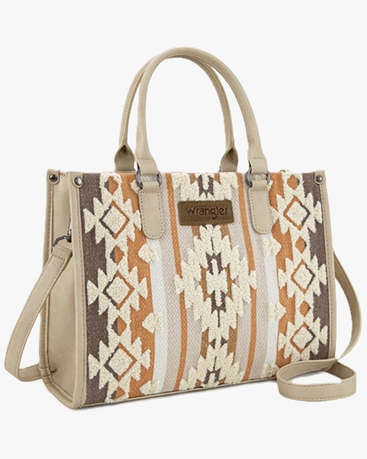 Image #1 - Wrangler Women's Sherpa Southwestern Print Canvas Crossbody Tote, Tan, hi-res