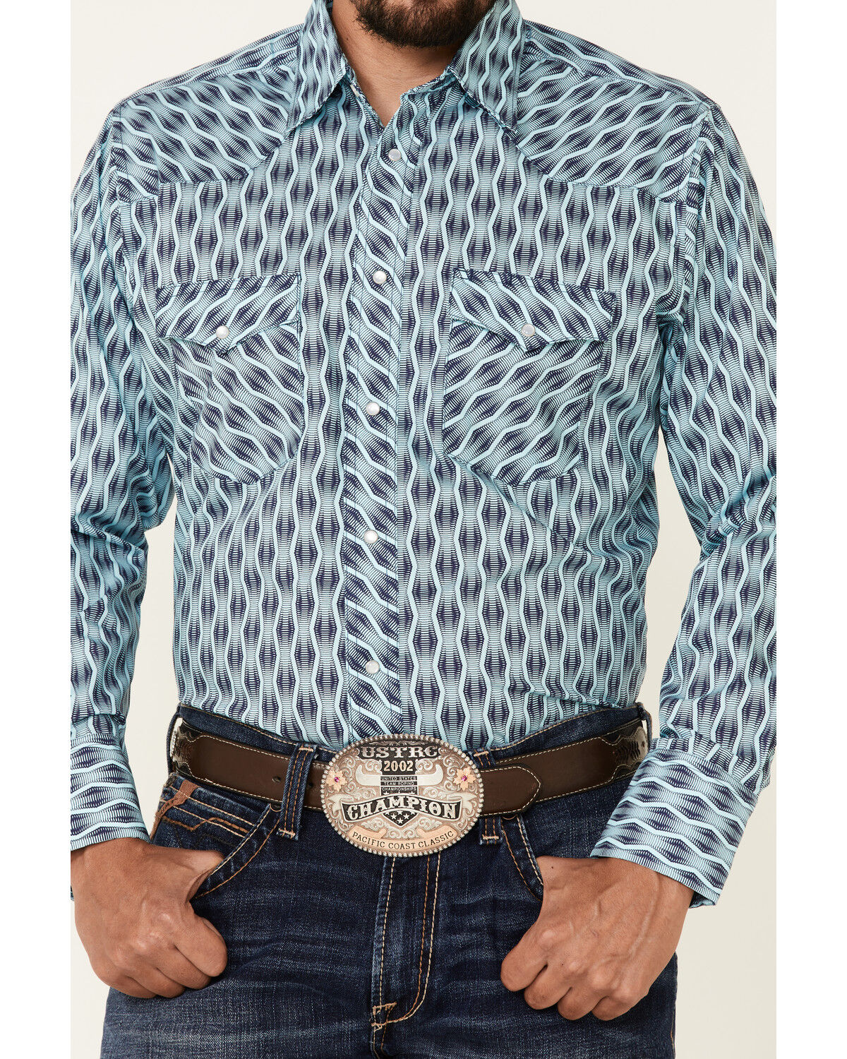 Image #3 - Wrangler Men's Silver Edition Turquoise Southwestern Stripe Long Sleeve Pearl Snap Western Shirt, Turquoise, hi-res