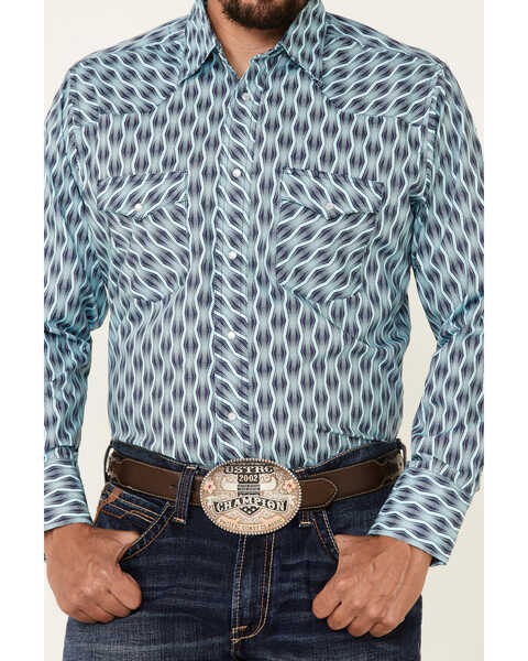 Wrangler Men's Silver Edition Turquoise Southwestern Stripe Long Sleeve Pearl Snap Western Shirt , Turquoise, hi-res