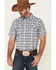 Moonshine Spirit Men's Cacti Med Plaid Print Short Sleeve Pearl Snap Western Shirt , Navy, hi-res