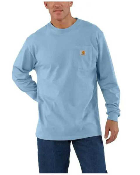 Carhartt Men's Loose Fit Heavyweight Long Sleeve Logo Pocket Work T-Shirt, Light Blue, hi-res
