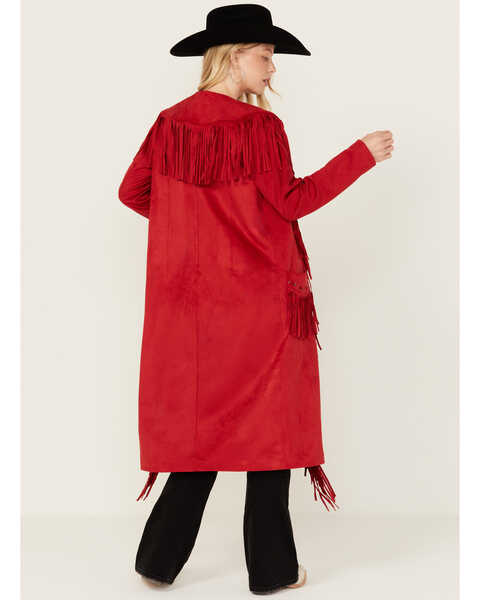Image #4 - Powder River Outfitters Women's Long Faux Suede Fringe Jacket , Red, hi-res