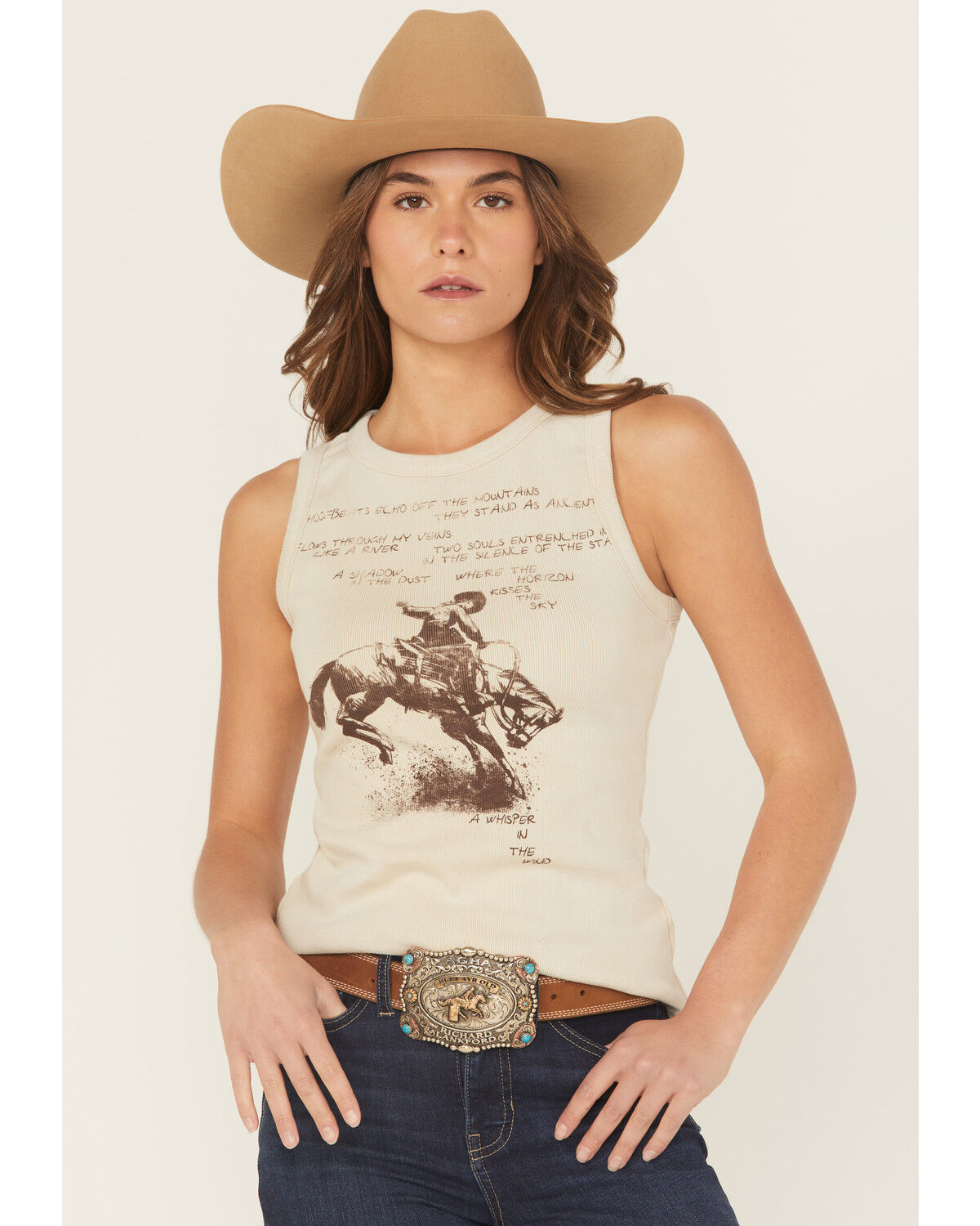 Image #1 - Shyanne Women's Bucking Horse Rib Knit Tank Top, Oatmeal, hi-res
